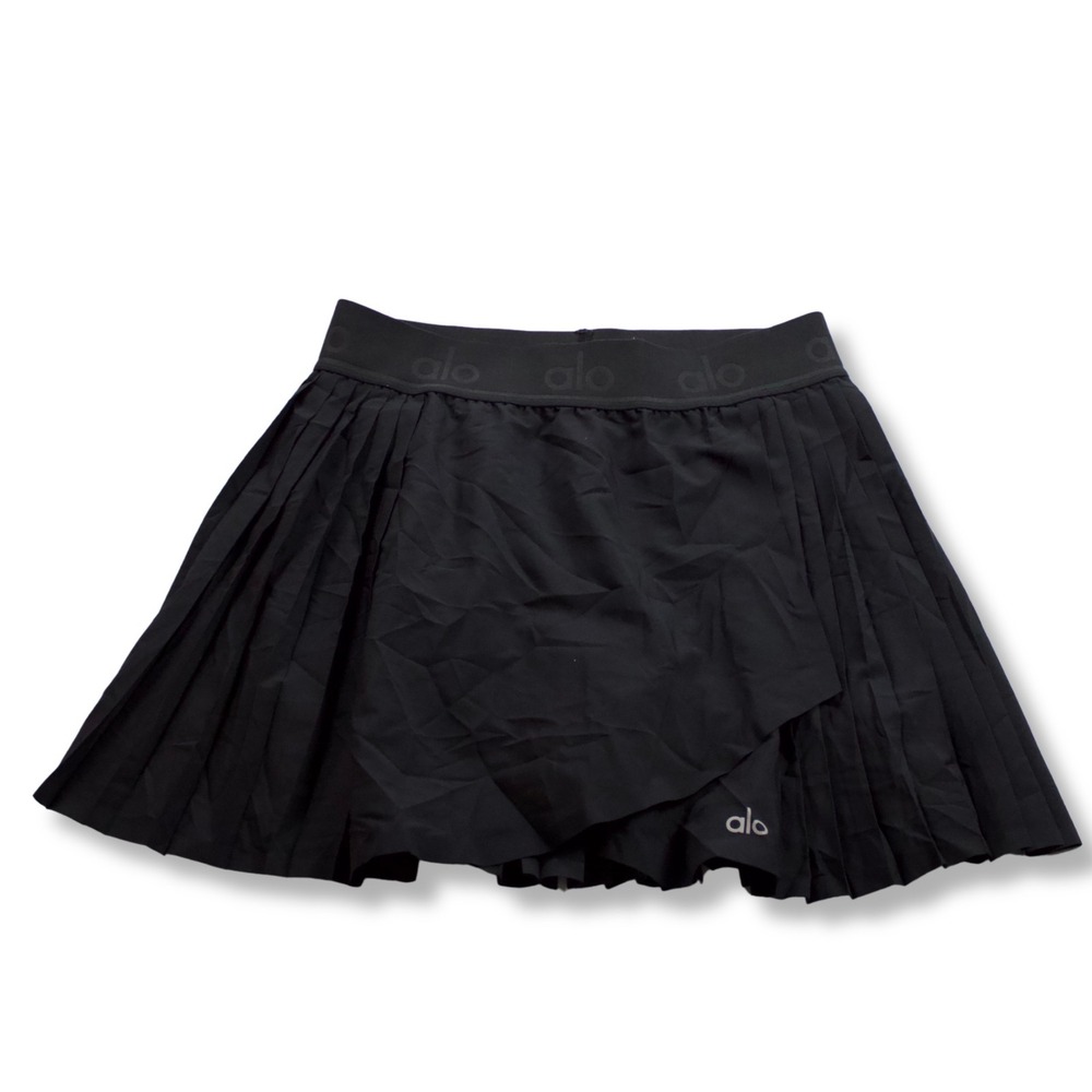 Alo Yoga Pleated Wrap Tennis Skort Logo Waistband Activewear Women Black Small